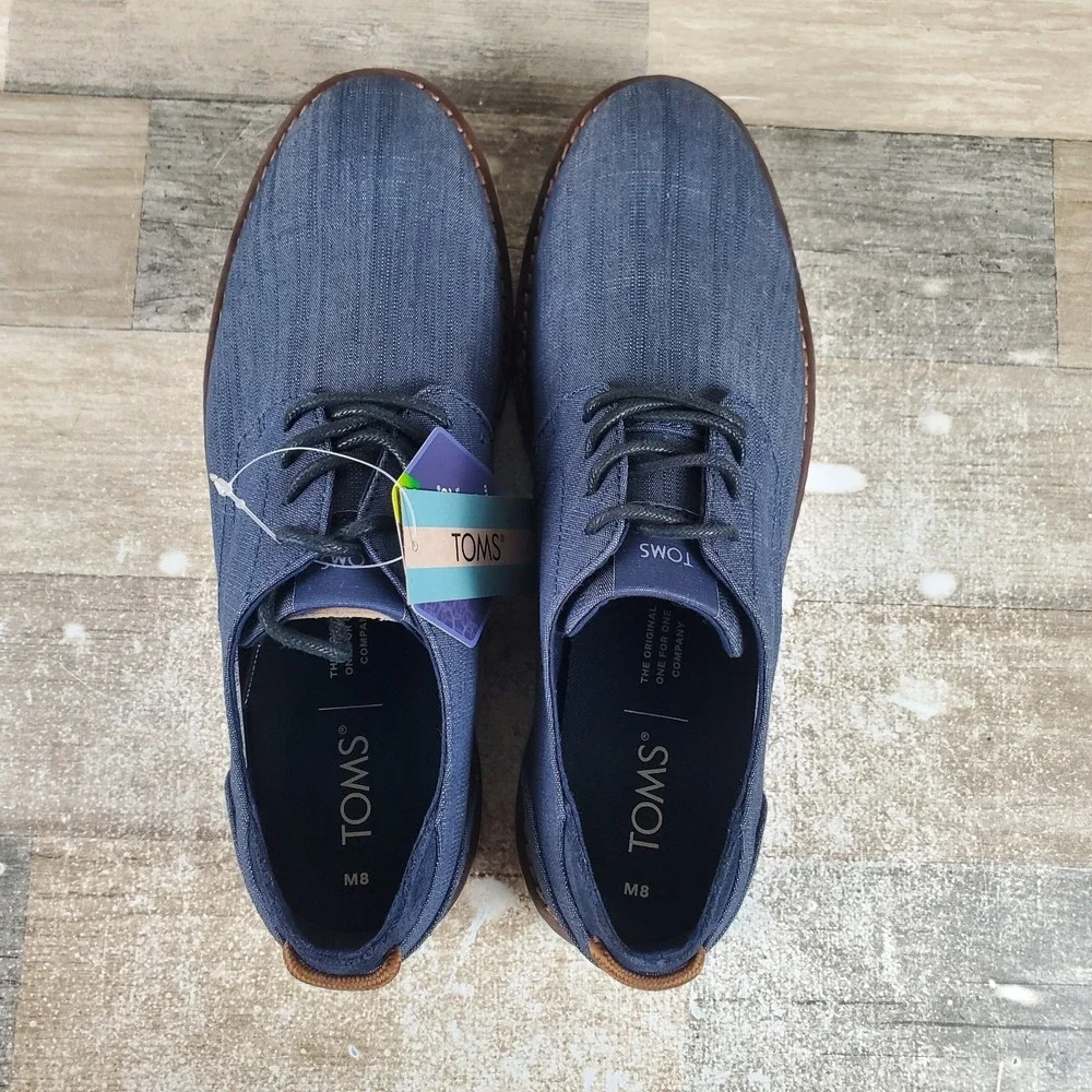 Toms Navi‎ Mens Dress Shoes Sz 8 Casual Navy Denim Crosshatch Lace Up Oxford